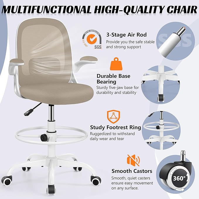 Drafting Chair, Tall Office Chair Ergonomic Standing Desk Chair,with Adjustable Footrest Ring, 3D Lumbar Support, Flip-up Armrests, Swivel Desk Stool for Drawing Working (Khaki)