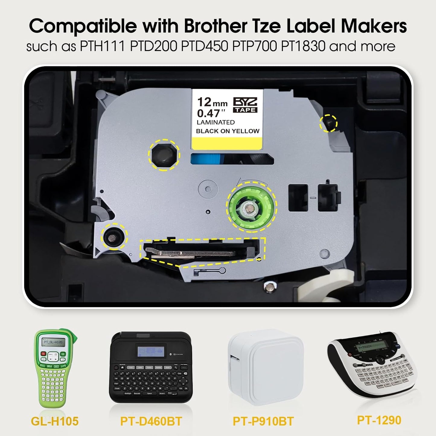 BOYEEZON 4Pack TZ Yellow Tape 12mm 0.47 Compatible for Brother PTouch TZe-631 TZE631 Black on Yellow Label Tape Work for Brother PT-D210 PT-D600 PTD400 Label Maker, 1/2 in x 26.2 Ft