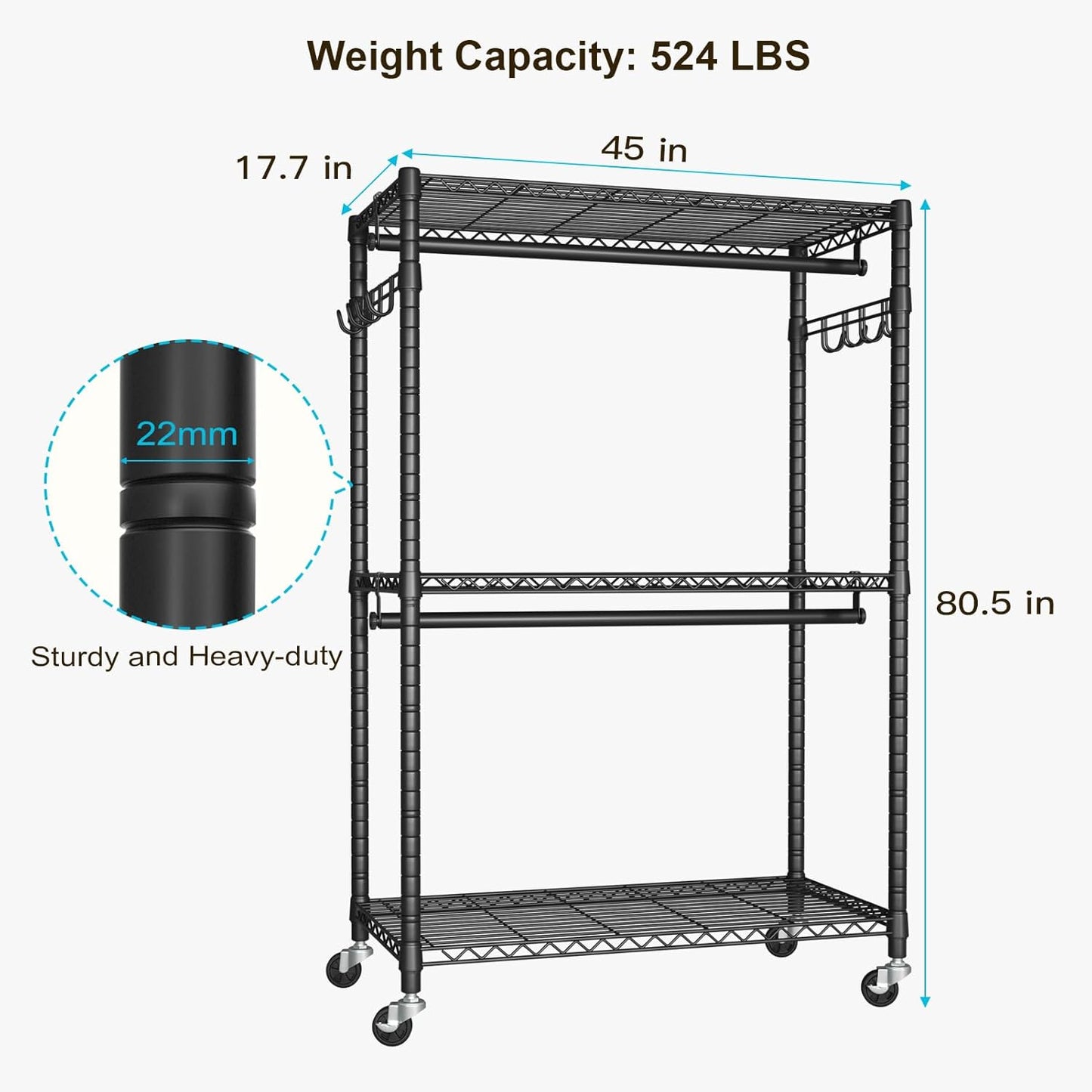 P1 Plus Rolling Clothes Rack, 22mm Diameter Heavy Duty Garment Rack with Wheels, Portable Closet Wardrobe with Double Rods, 45" W x 17.7" D x 80.5" H, Max Load 524 LBS, Black