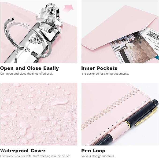 Ospelelf 3 Ring Binder with Clipboard 2 Inch Leather Binder for Letter Size (8.5" x 11"), Clipboard Binder with 5 Tab Dividers Back to School Supply, Pink