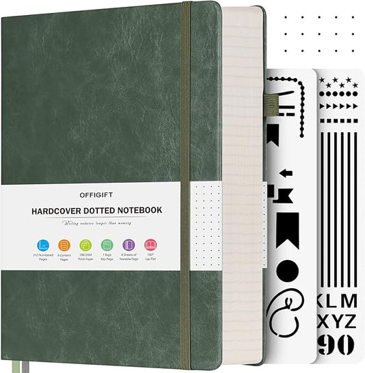 Bullet Dotted Journal Notebook, 312 Numbered Pages A5 Hardcover Leather Journal, 100gsm No Bleed Paper Dot Grid Notebook with Index Pages, Dot Journal for Women Men, 5.75" x 8.38", Green