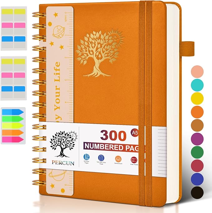 Spiral Notebook Journal for Women Men, 300 Numbered Lined Pages, College Ruled, A5 Hardcover Spiral Bound Notebook for School, Work, Note Taking Writing, Leather Spiral Journal Medium 5.9"x8.5"