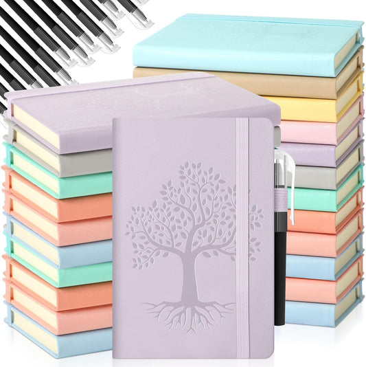 Estune Tree Small Notebooks Pen Leather Lined Pocket Subject Notebooks Hardcover Pocket Notepad Cute Ruled Leather Journals with Pen Holder for Men Women School Business, A6(Elegant Color,30 Set)