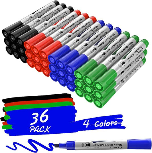 Comix Glass Board Dry Erase Markers, Low Odor Whiteboard Markers, Chisel Tip, 4 Assorted Classic Colors, 36 Pack