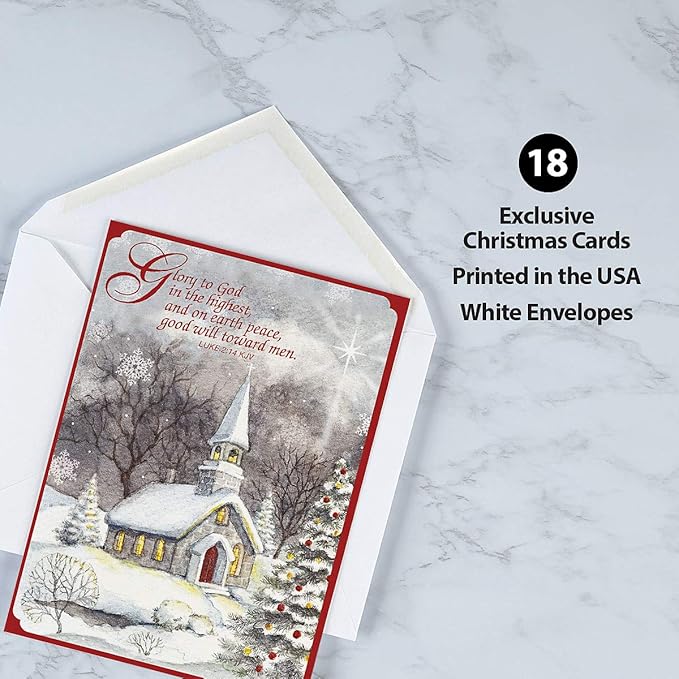 Current Snowy Church Personalized Religious Christmas Cards with Envelopes - Set of 18 Large 5 x 7-Inch Folded Cards, Faith Holiday Card Value Pack, Add Names or Text