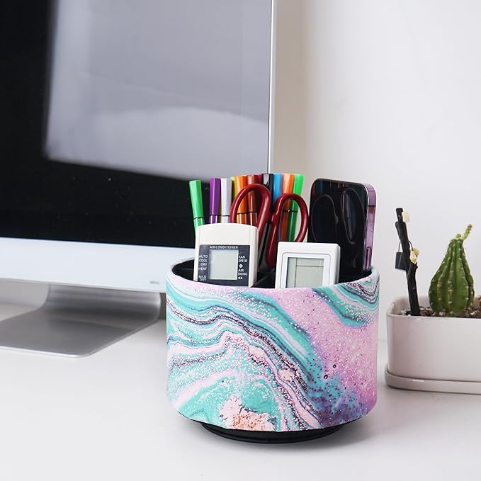 Round Leather Art Supply Organizer,Remote Control Holder,360-degree Rotating Pen Organizer with 4 Compartments(1-Pink Green Splash Ink)