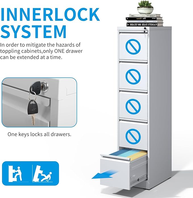 Metal File Cabinet 5 Drawers, Vertical Filing Cabinet for Home Office, File Cabinets with Lock for Legal/Letter Size Hanging File Folders, (White)