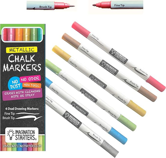 Metallic Liquid Chalk Markers for Chalkboard Signs, Coloring Mats, Window, Labels, Glass, Car- Wet Wipe Ink Chalk Board Markers, Dual Tip (Brush/Fine) Liquid Chalk Pens