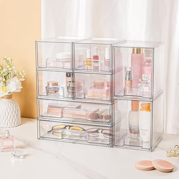 Vtopmart Stackable Storage Drawers Set of 5, Clear Plastic Organizer Bins for Beauty Supplies,Ideal for Vanity, Bathroom,Cabinet,Pantry Organization