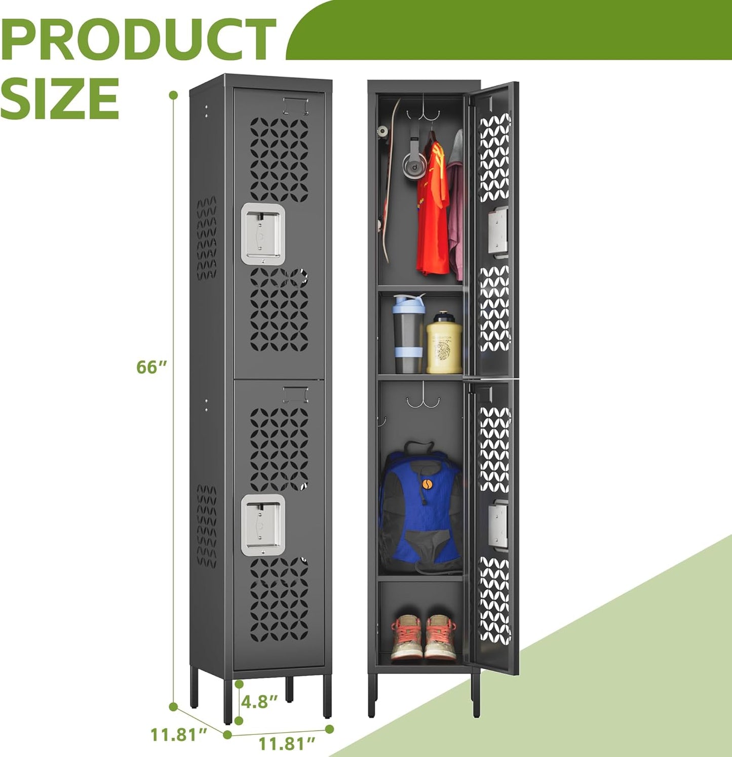 2 Doors Metal Locker with Adjustable Shelves and 6 Hooks,Metal Lockers for Employees for Gym,School,Office,Home,Garage,Assembly Required,Black