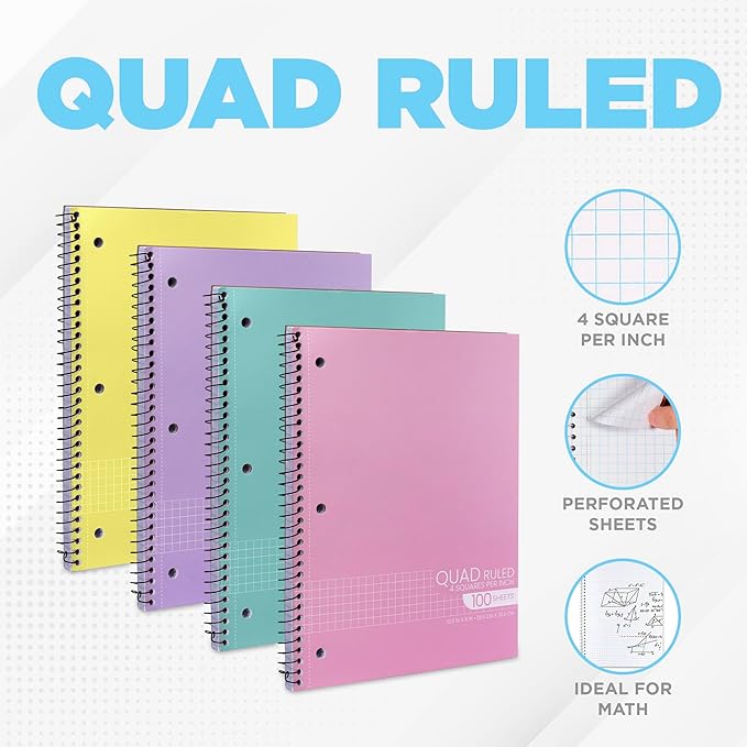 Graph Paper Spiral Notebook - Graph Paper Notebook, Quad Ruled Grid Notebooks, Perforated Pages - 10.5 X 8 Inches - 1 Subject Wirebound Notebook - Assorted Colors - 100 Sheets per Book - (12 Pack)