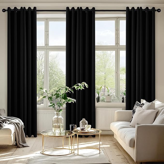 MIULEE Black Blackout Curtains for Bedroom Living Room 72 Inches Long 2 Panels, Thermal Insulated Room Darkening Drapes Solid Grommet Top Noise Reduction Light Blocking Halloween Window Curtains