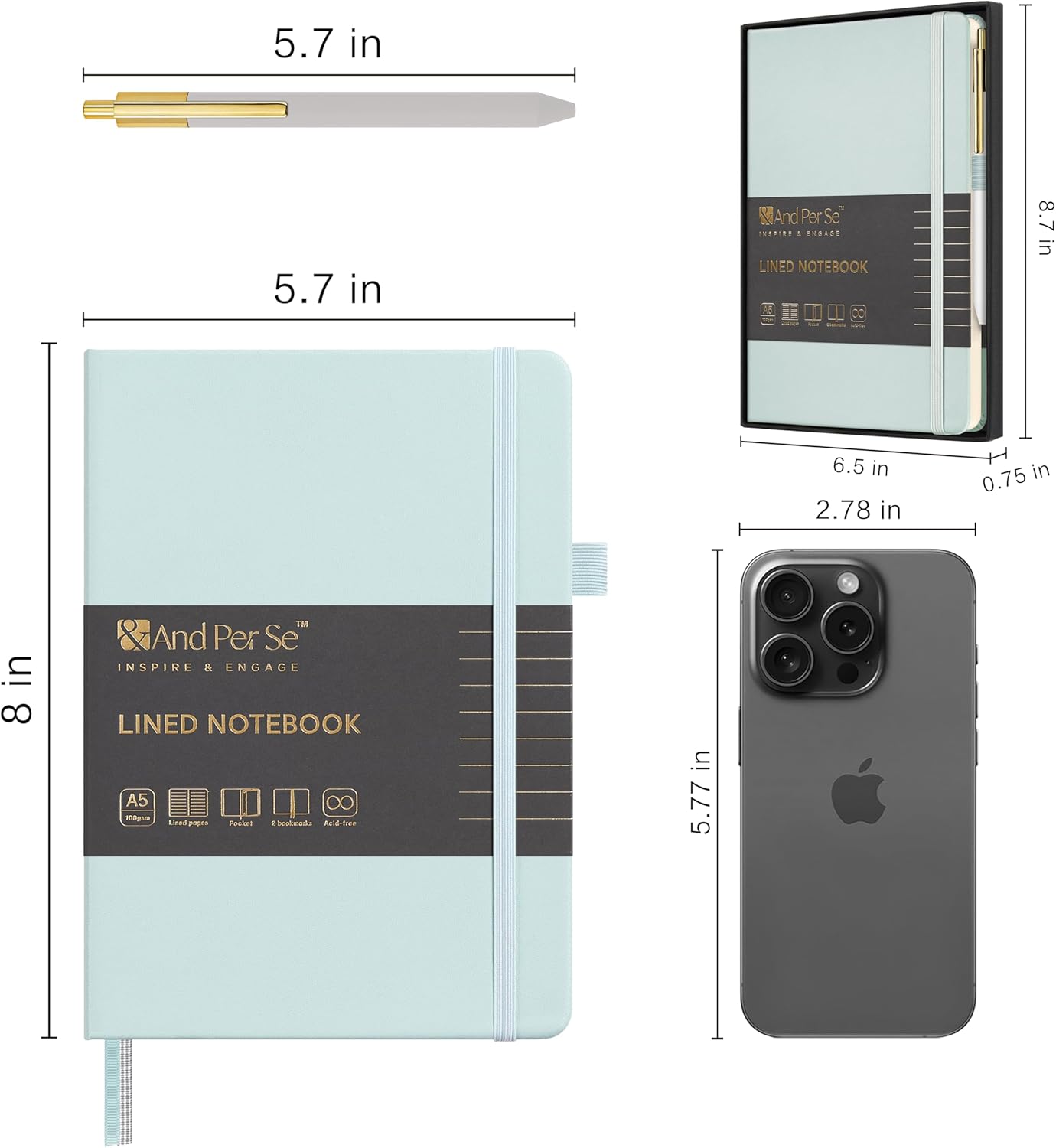 A5 Lined Leather Journal and Pen Set for Women&Men, Gift Box Included, Hardcover Notebook with 160 Pages 100GSM Thick Paper, for Work, Business, School or Home Writing(Cyan)