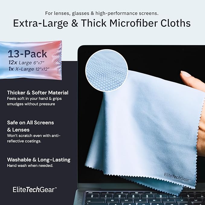 Elite Tech 13-Pack Microfiber Cloth Set - Washable Oversized Cleaner for Eyeglasses, Electronics, Screens & Lenses, Dual Sizes 6"x7" & 12" x12 - Microfiber Cleaning Cloth