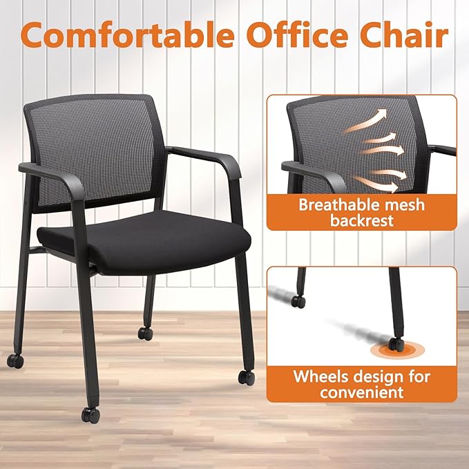 CLATINA Mesh Back Guest Reception Arm Chairs with Wheels, Waiting Room Chairs with Upholstered Fabric Seat and Ergonomic Lumbar Support for Office