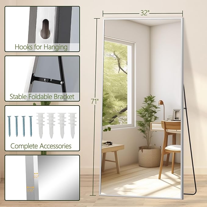 MELOMOIR 71"x32" Silver Mirror Full Length, Free Standing Mirror Leaning or Hanging, Silver Floor Mirror for Bedroom Living Room Home Gym Cloakroom, Thin Aluminum Frame, Tempered Glass, Silver