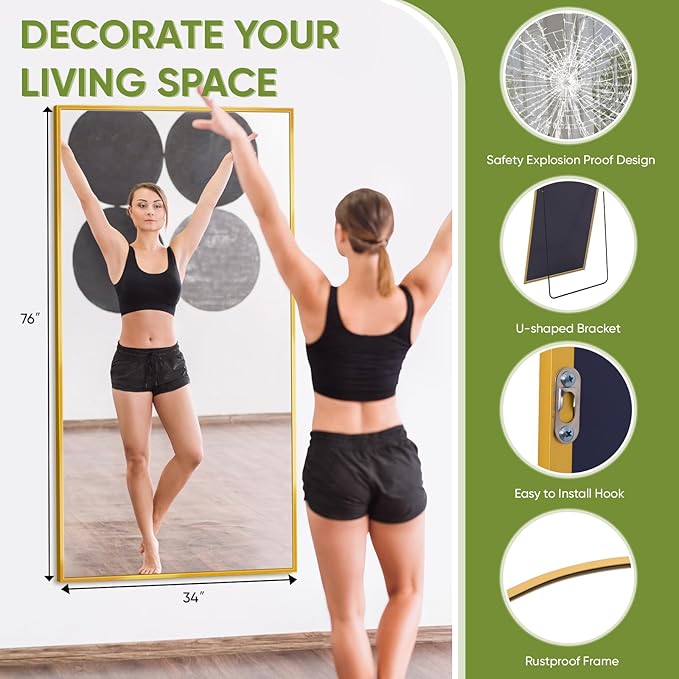 Full-Length Floor Mirror with Stand, 76"x34" Rectangle Style Full Body Standing Mirror for Bedroom, Living Room, Gym, Dorm - Shatter-Resistant & Easy Assembly, Gold