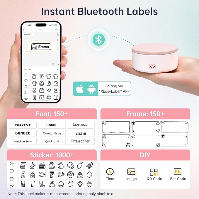 Label Maker Machine with Tape, Portable Mini Label Printer, HP3 Bluetooth Sticker Maker Machine with Multiple Templates for Office Home Small Business Organization, Small Thermal Label Printer, White