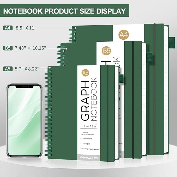 AHGXG Graph Paper Notebook - Spiral Notebook Journal 160 Pages, A5 Graph Notebook 5.7" x 8.3", 100 gsm Thick Grid Paper, Waterproof Plastic Cover, for School Writing Engineering Math, Green