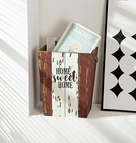 Small Wood Trash Can Wastebasket, Farmhouse Rectangular Garbage Can Waste Basket, Rustic Distressed Wooden Trash Recycling Bin with Metal Handles, Home Sweet Home Wood Storage Basket (Distressed)
