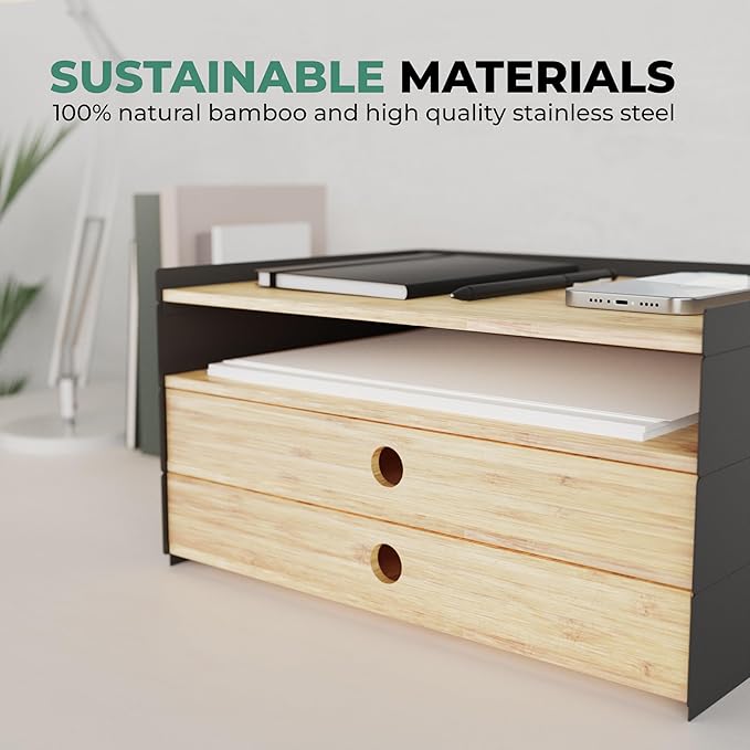 Prosumer's Choice 3-Tier Bamboo Desk Organizer with 2 Drawers - Wood Paper Tray for Clean Desktop Setup - Compact Office Storage Solution - Stylish Desktop Organizer, 12.5" L x 8.8" W x 1.6" H
