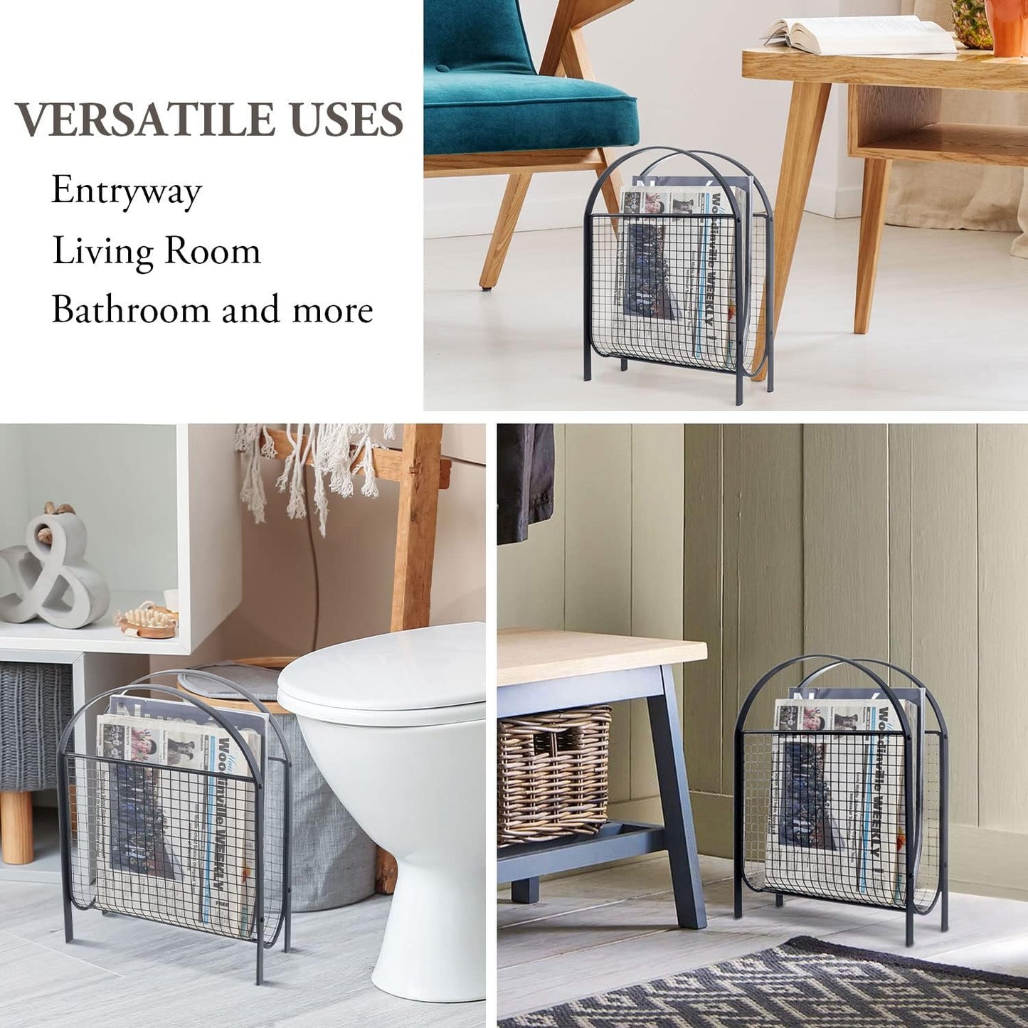 MyGift Mid-Century Design Magazine Rack, Matte Black Tone Metal Mesh Freestanding Magazine Organizer Holder Sling