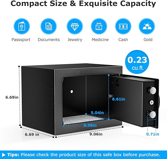 Bonsaii Safe Box with Key Lock, Steel Security Lock Box, 0.23 Cubic Feet, 9.06" W x 6.69" D x 6.69" H, Small Hidden Safe for Cash Jewelry
