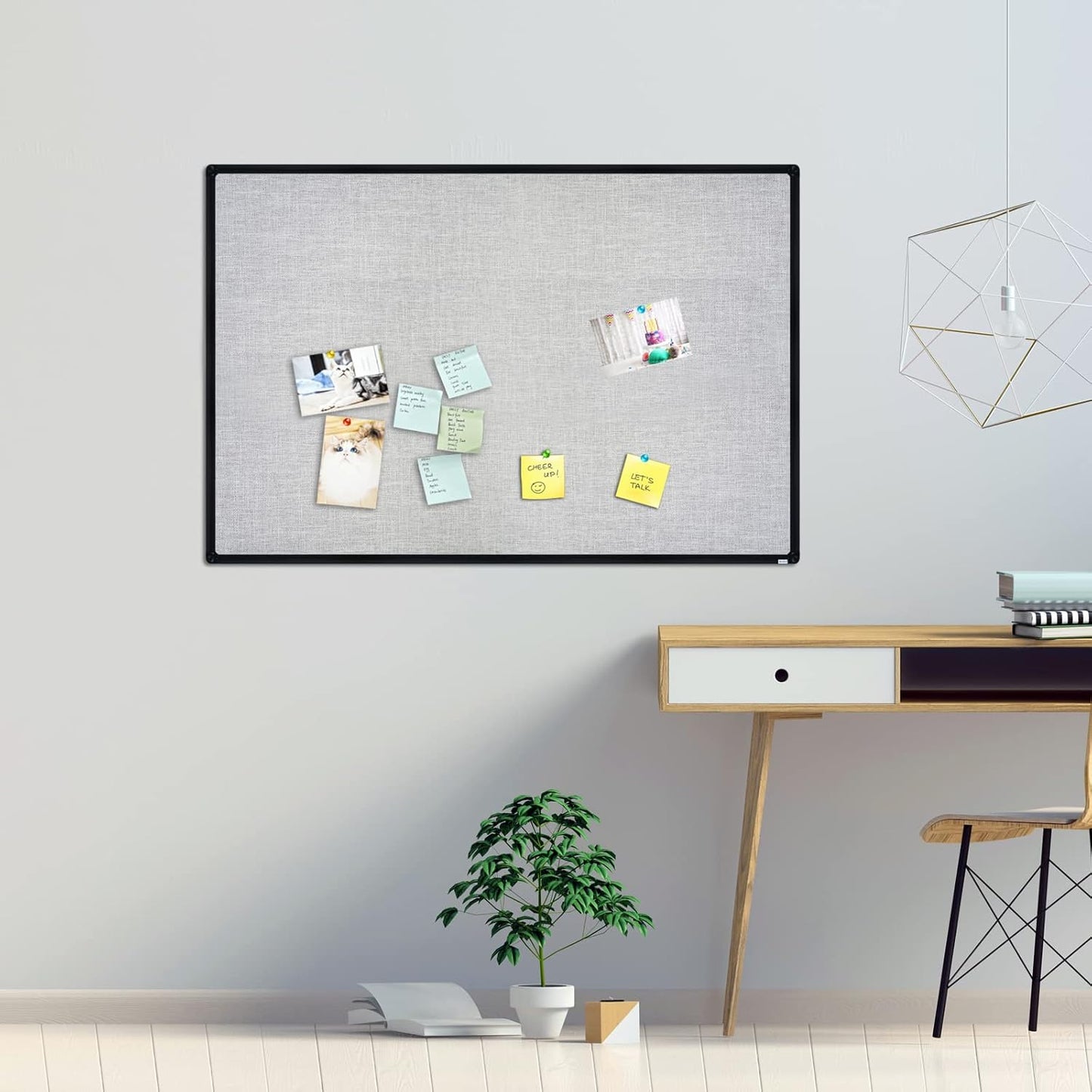 JILoffice Cork Linen Bulletin Board 36 X 24 Inch (Grey), Black Aluminum Frame Wall Mounted Board Memo Pin Board for Office Home and School