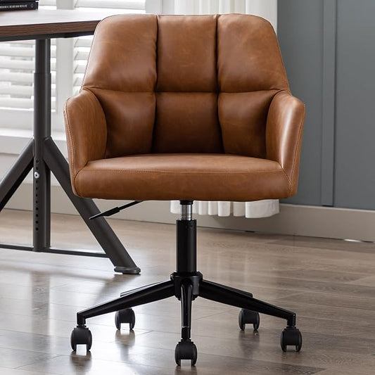 VESCASA Adjustable Home Office Desk Chair with Comfy Square Tufted Mid-Back, Faux Leather 360 Swivel Upholstered Task Armchair with Wheels for Teens Bedroom/Living Room, Brown