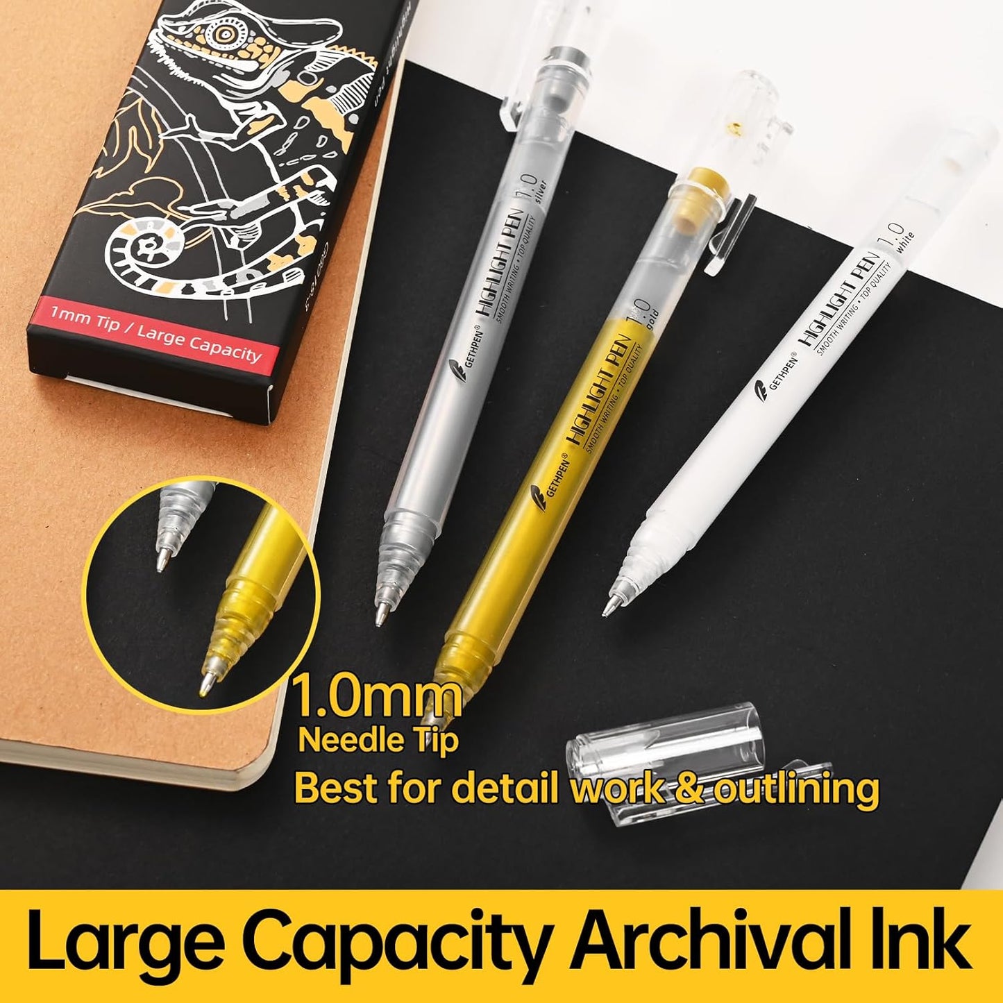 White Gel Pens, 1.0mm Extra Fine Point Gel Ink Pen Set – Opaque Archival Ink Pens for Black Paper Drawing, Bullet Journaling & Artists Drawing, 3 Pack