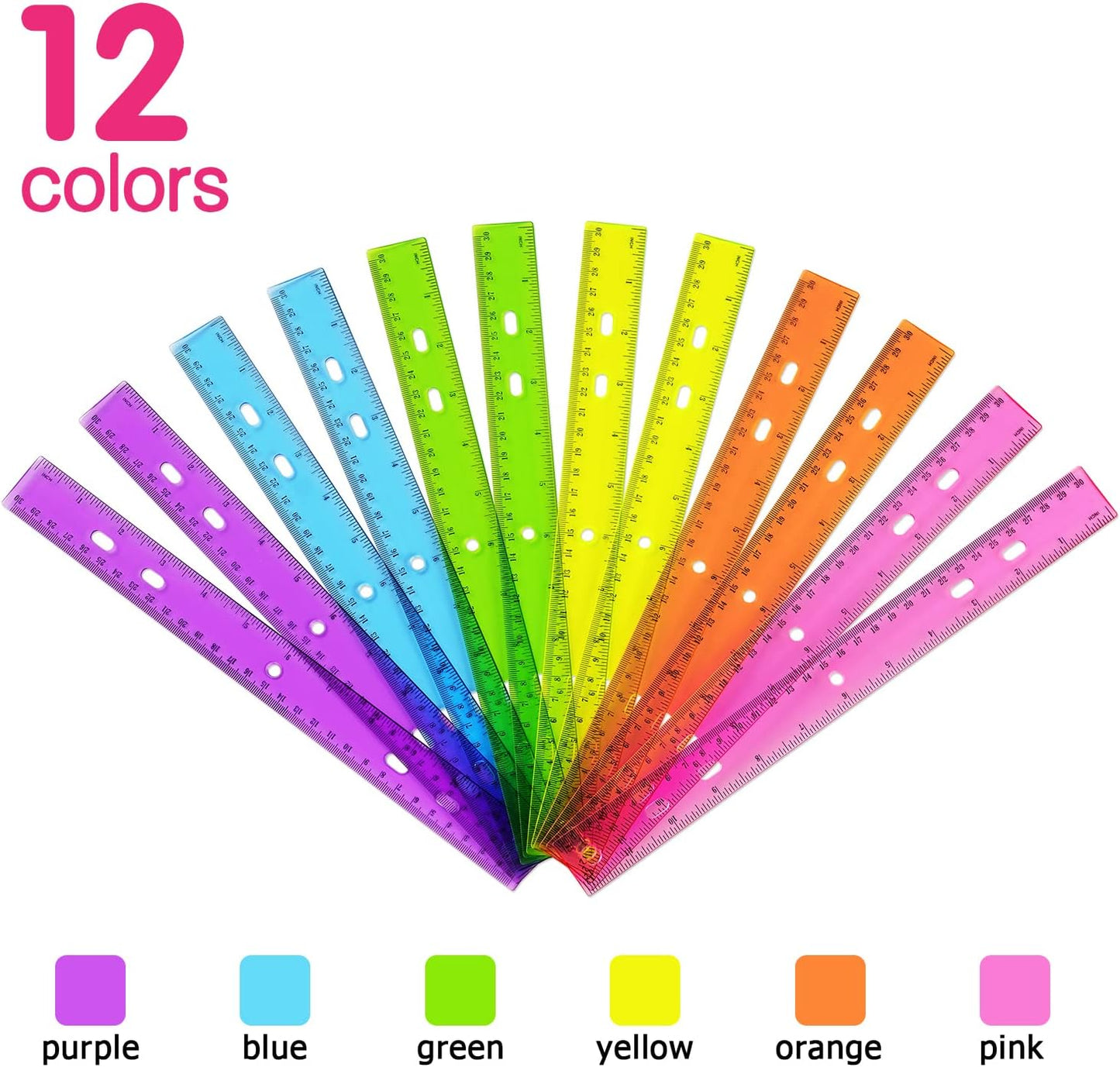 ZZTX 12 Pack Color Transparent Ruler Plastic Rulers 12 Inch, Metric Bulk Rulers with Inches and Centimeters, Kids Ruler for School, Home, Office