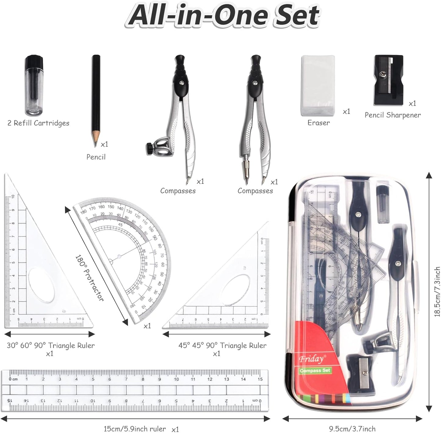 SAYEEC Geometry Set, 10 Pcs Math Protractor Compasses Kit with Ruler, Triangles, Eraser, Sharpener, Lead Refills, Pencil, Storage Box, Drafting Drawing Tools for Architects Engineers Artists Students