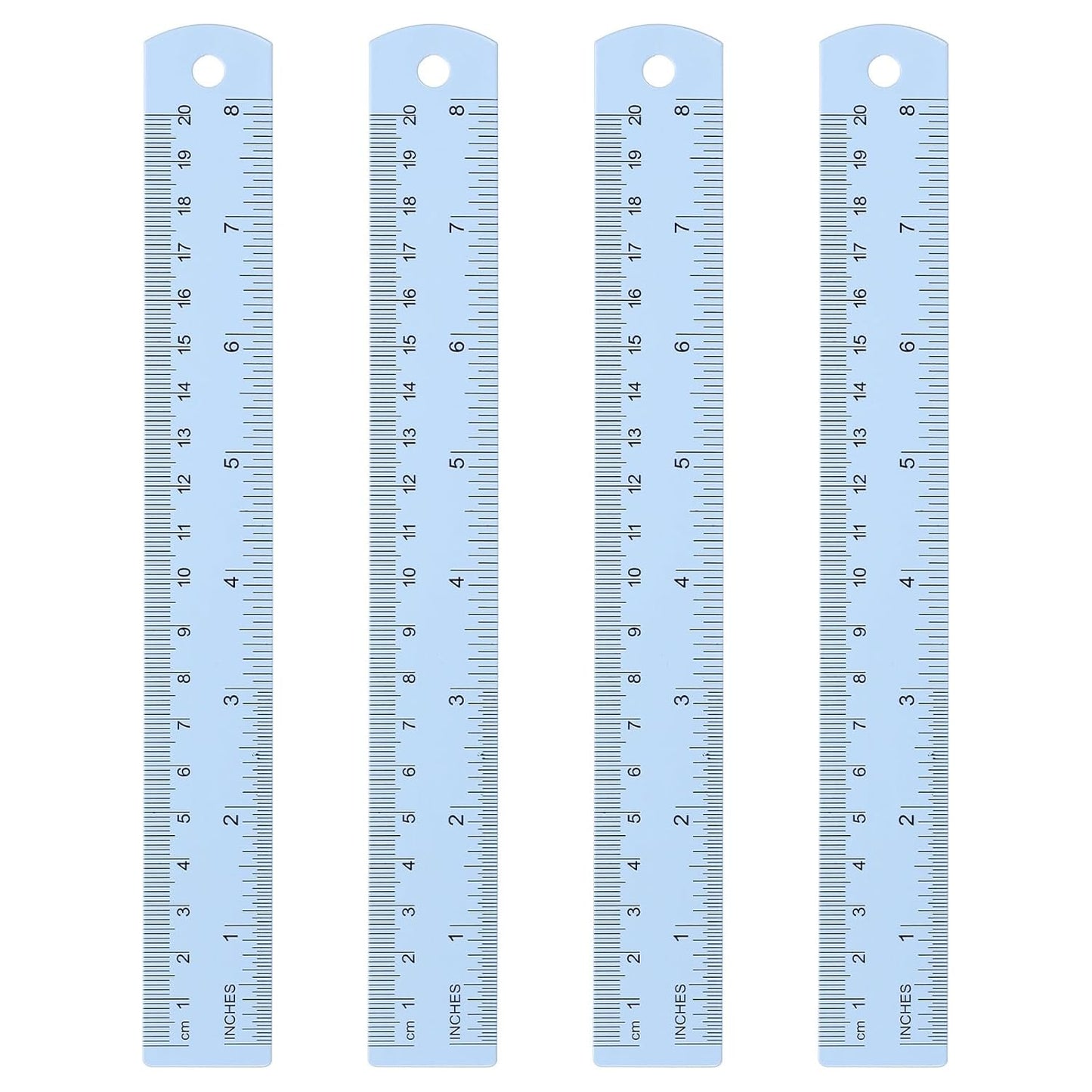 HARFINGTON 4pcs Metal Straight Ruler 20cm Metric SAE Aluminum Alloy Measuring Rulers Scale Tool with Hole for Measure Study Reading Classroom Office, Light Blue