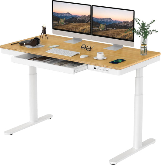 SANODESK Standing Desk with Drawer,Dual Motor 3 Stage Electric Height Adjustable Home Office Desk with Storage & Wireless Charging, 55 inch Bamboo Tabletop/White Frame