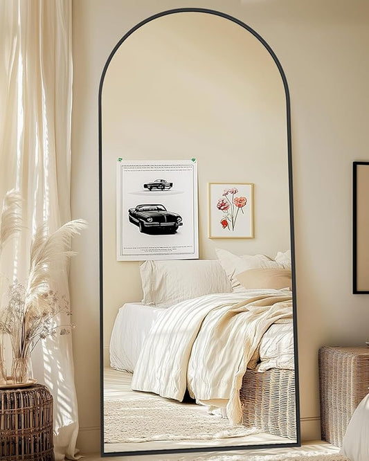 Full-Length Floor Mirror with Stand, 71"x28" Arched Style Full Body Standing Mirror for Bedroom, Living Room, Gym, Dorm - Shatter-Resistant & Easy Assembly, Black
