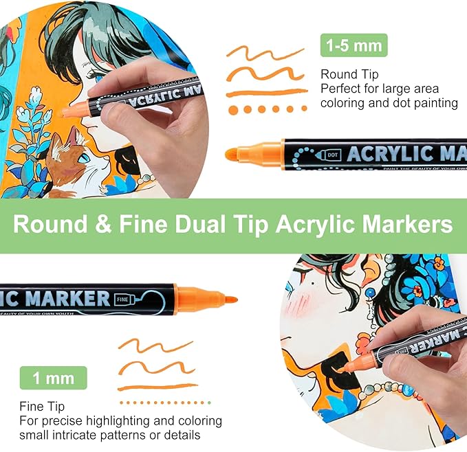 80 Colors Waterproof Dual Tip Acrylic Paint Pens, Dot & Fine Tip Premium Coloring Drawing Markers Set for Wood, Rock Painting, Canvas, Glass, Ceramic Surfaces and DIY Crafts Making Art Supplies