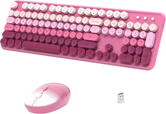 Wireless Keyboard and Mouse, Full-Size Retro Typewriter Keyboard with Round Keycaps, 2.4GHz for Windows, Mac, Laptop, PC, Desktop (Dark Pink Gradient)