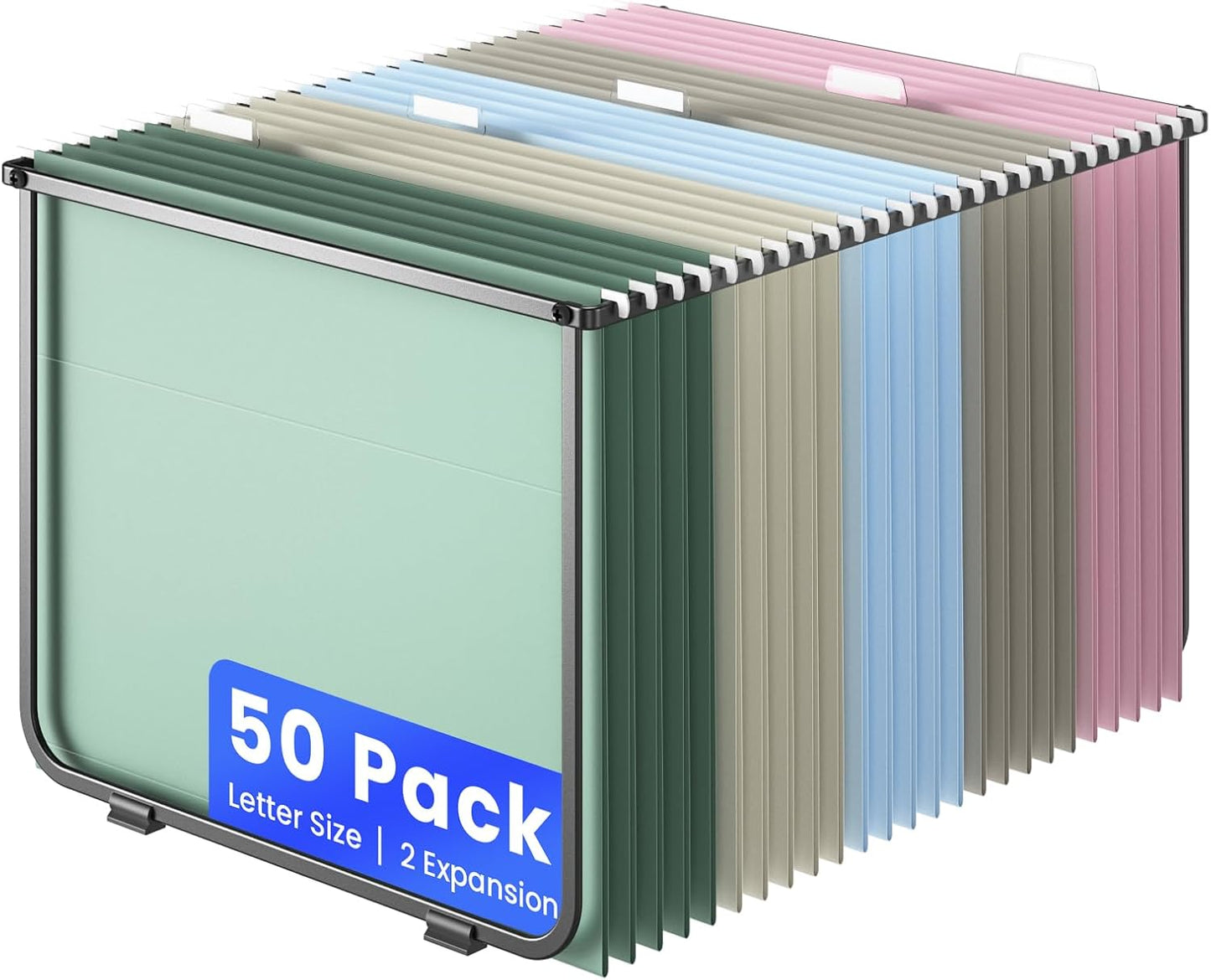 Hanging File Folders Letter Size, 50 Pack File Organizer Folders, 1/5-Cut Tabs With Hanging File Folder Framer, Heavy Duty 2 Inch Expansion, Stay Organized for Your Home and Office Bulk File.