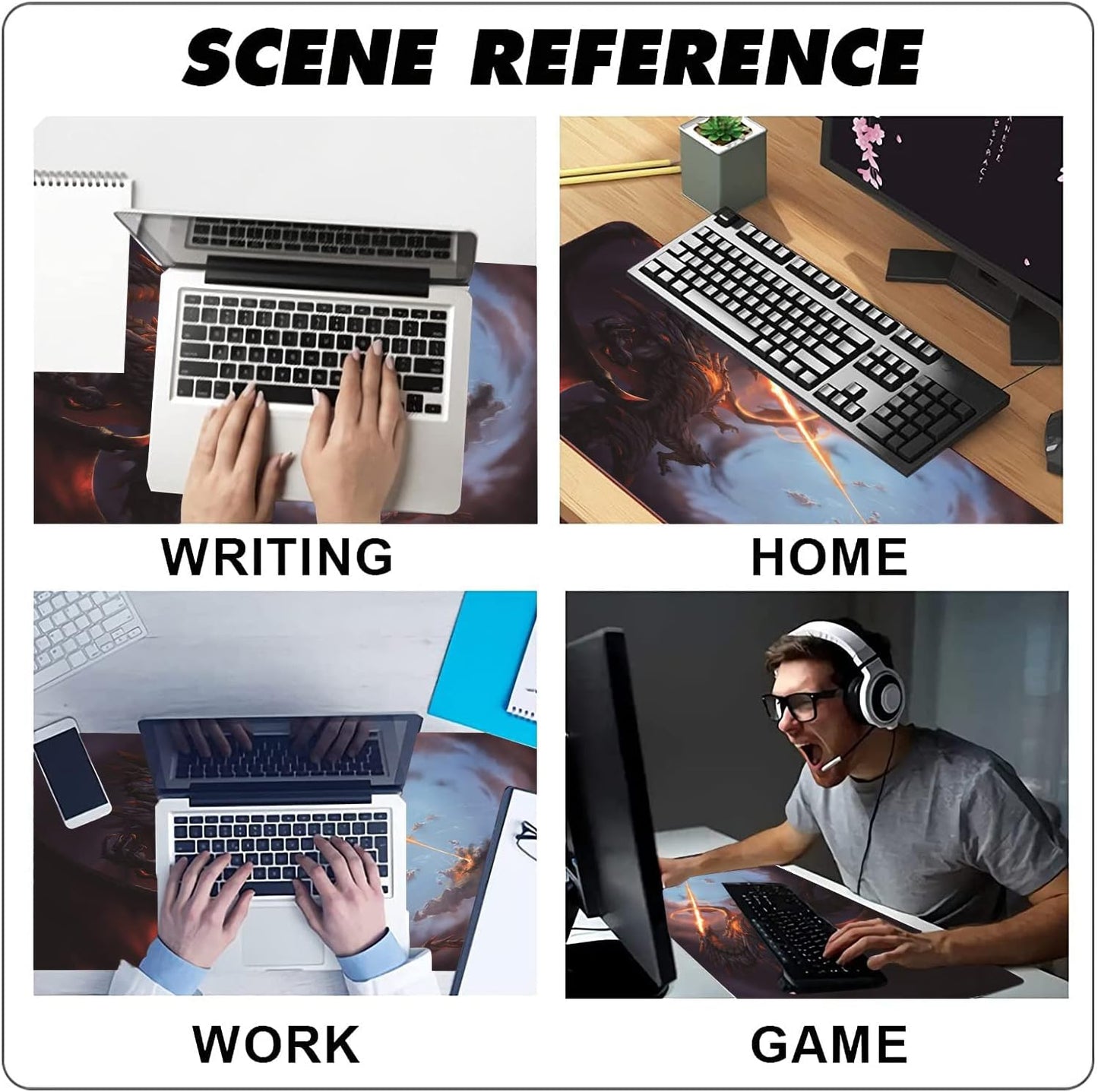 Extended Large Gaming Mouse Pad Cool Dragon Flame XXL Size Keyboard Mouse Mat Desk Pad with Non Slip Rubber Base Stitched Edges Office Decor for Women Girls Men,35.4 x 15.7inch