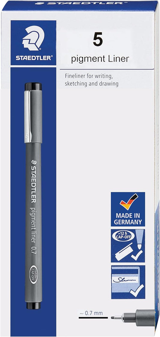 STAEDTLER Pigment Liner, Fineliner Pen for Drawing, Drafting, Journaling, 0.7mm, Black, Box of 5 Pens, 308 07-9 04