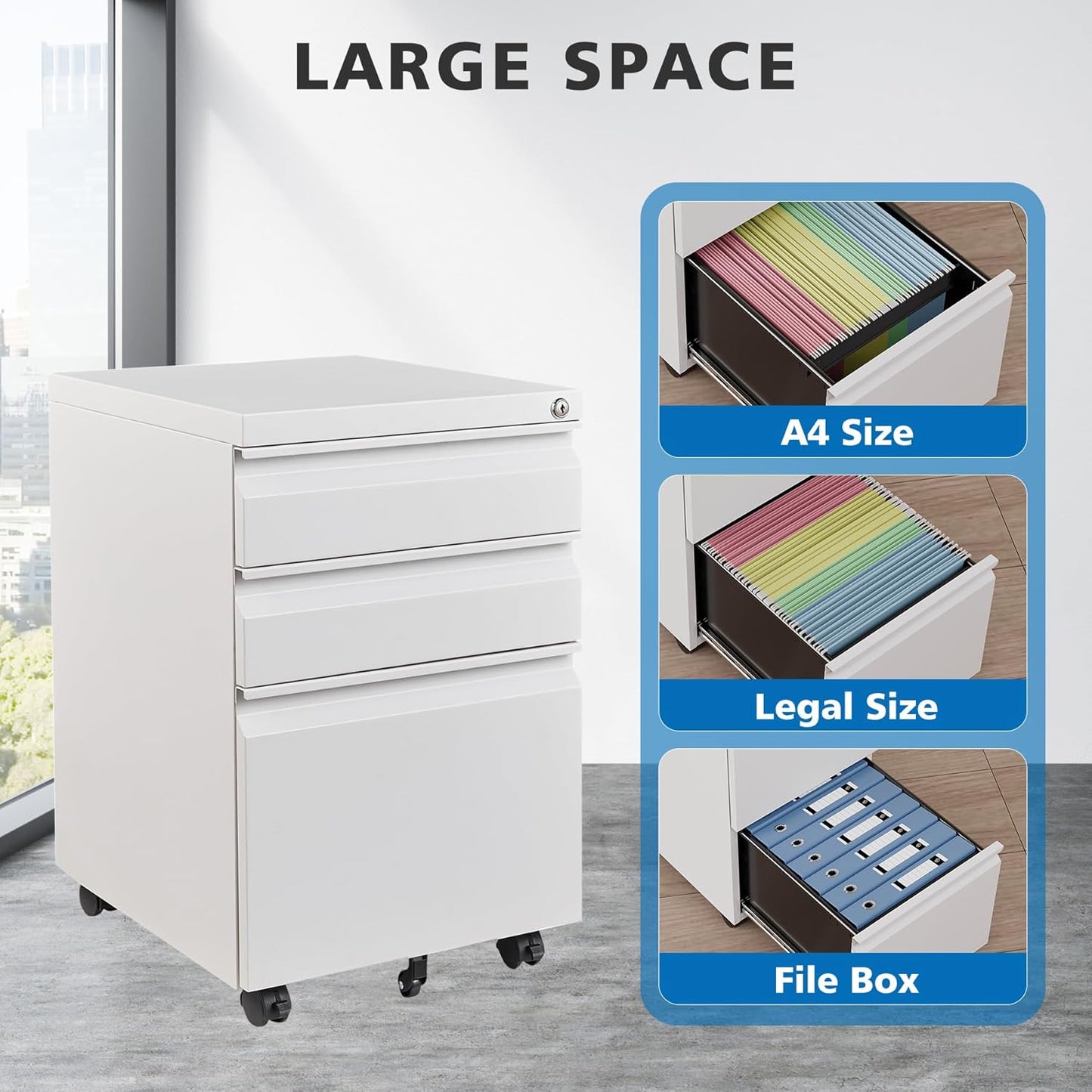 3 Drawers File Cabinet with Lock Metal Vertical File Cabient with Wheels Mobile File Cabinet for Office Home Fully Assembled (White)