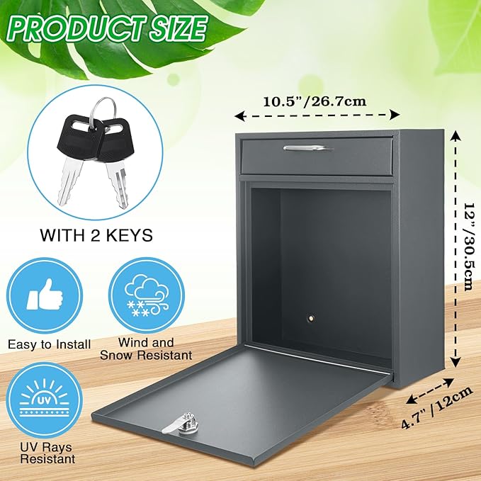 Locking Mailbox with Key for Outdoor 12 x 10.5 x 4.7 Inches Large Wall Mount Mail Box with Lock Security Mail Drop Metal Collection Boxes Hanging Secure Postbox(Dark Gray)
