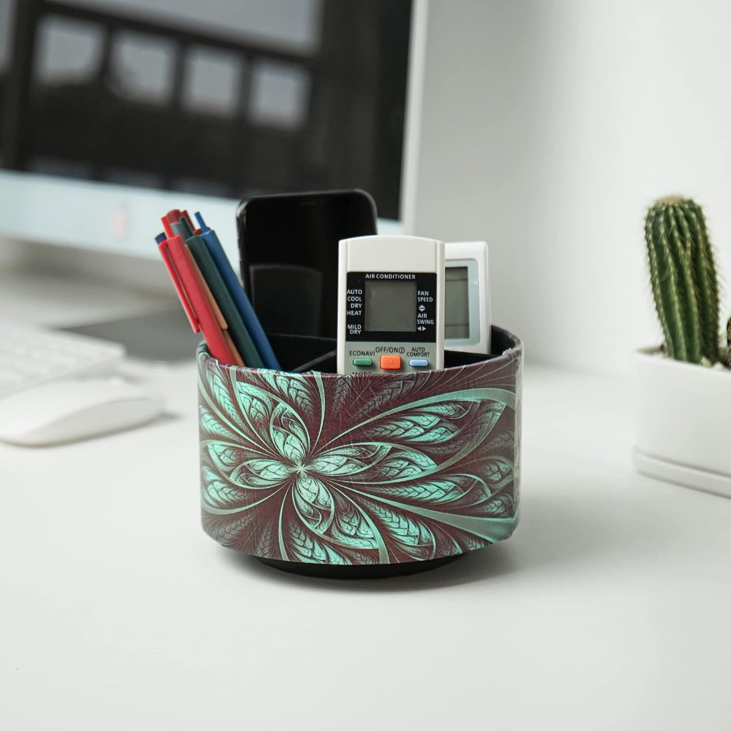 lizimandu Round Leather Art Supply Organizer,Remote Control Holder,360 Degree Rotating,Multi-Functional Pencil Holder,4 Compartments Desktop Stationary Organizer(1-Green Flower)