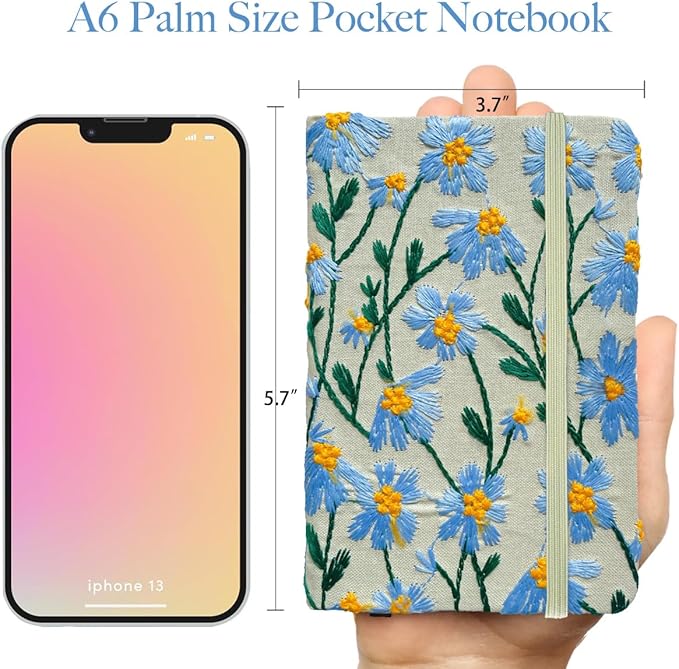 Pocket Notebook, Small Sketchbook, A6 Journal, 4x6, Daisy Gifts for Women, Floral Notebook, Embroidery Journal, Blank Paper, Hardcover, Lay Flat, Elastic Band, Diary for Girls, Blue Daisy