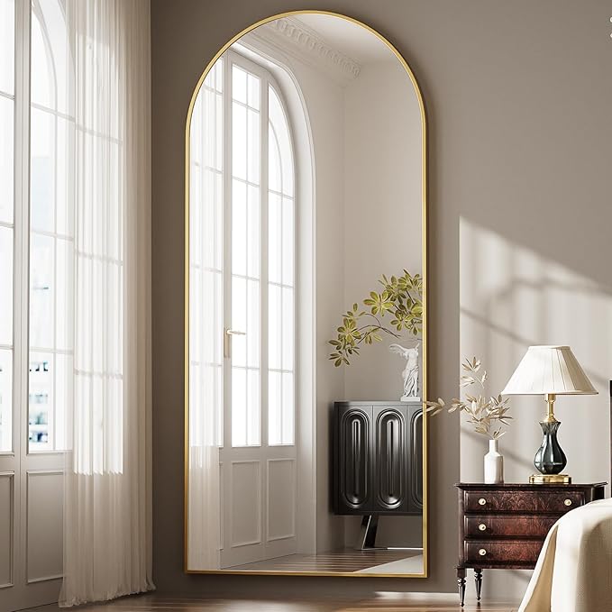 Oversized Full Body Mirror 35x78 inch Arched Full Length Mirror with Stand Aluminum Wall Mounted Hanging or Leaning Standing Mirrors,Gold