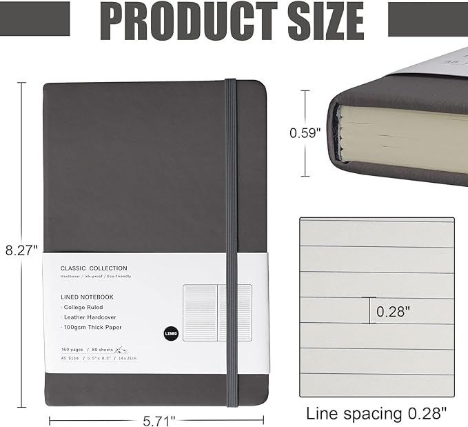Lined Journal Notebook, (Dark Gray), 160 Pages, Medium 5.7 inches x 8 inches - 100 gsm Thick Paper, Hardcover