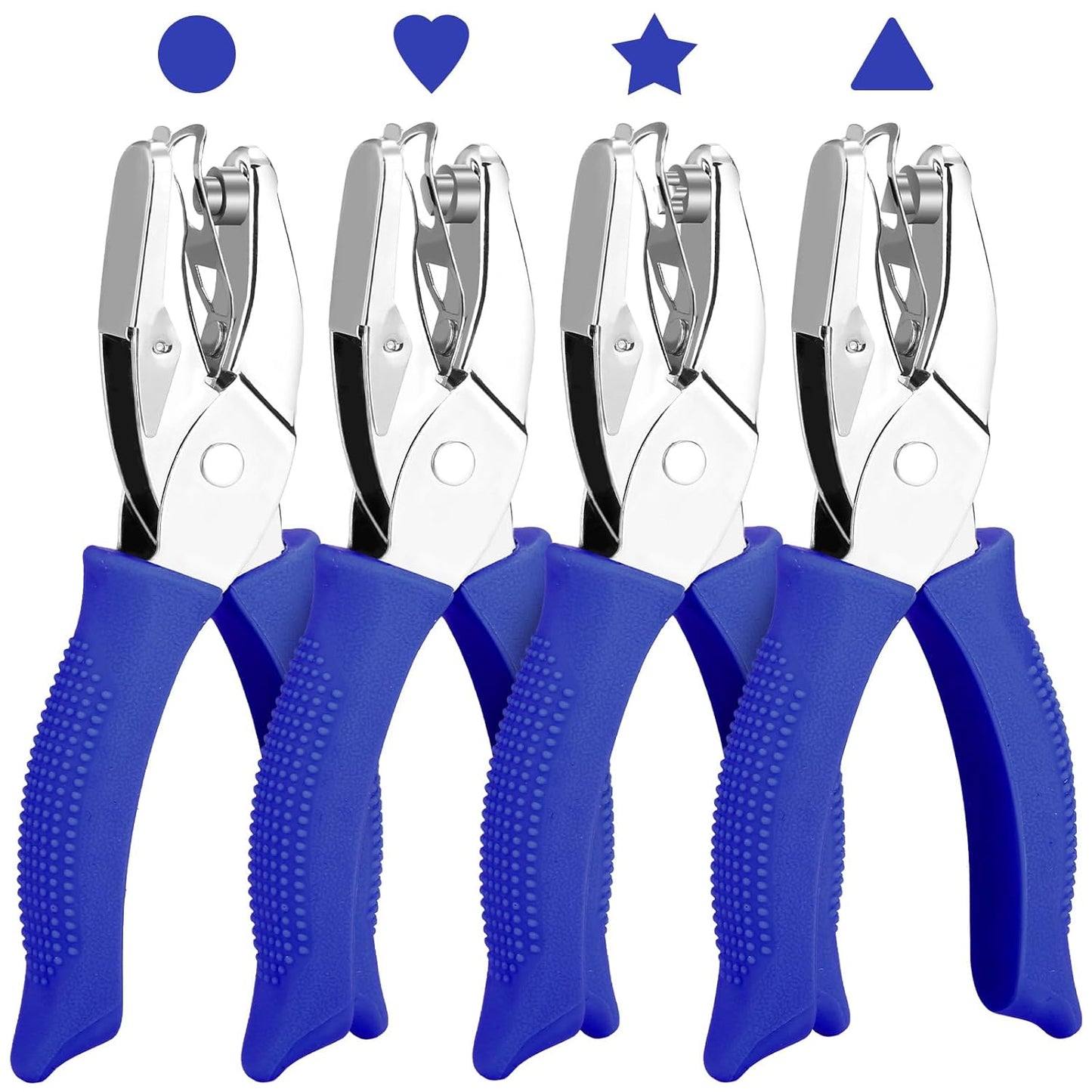 4 Packs Shape Hole Punch Set - 1/4" Circle, Heart, Star, Triangle Puncher with Soft Grip for Binder, Scrapbooking, Cards | Paper Craft Tools with Storage Slot & Reinforcement Stickers (Blue)
