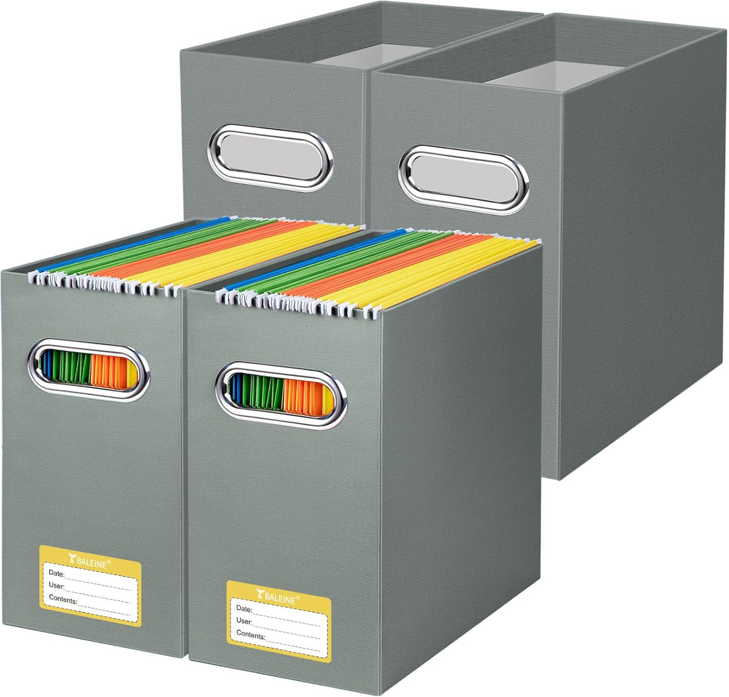 BALEINE File Organizer Box, Cardboard File Folder Organizer with Handle for Letter Size, Portable Collapsible Hanging Filing Box for Home Office Document Storage (4 Pack, Grey)