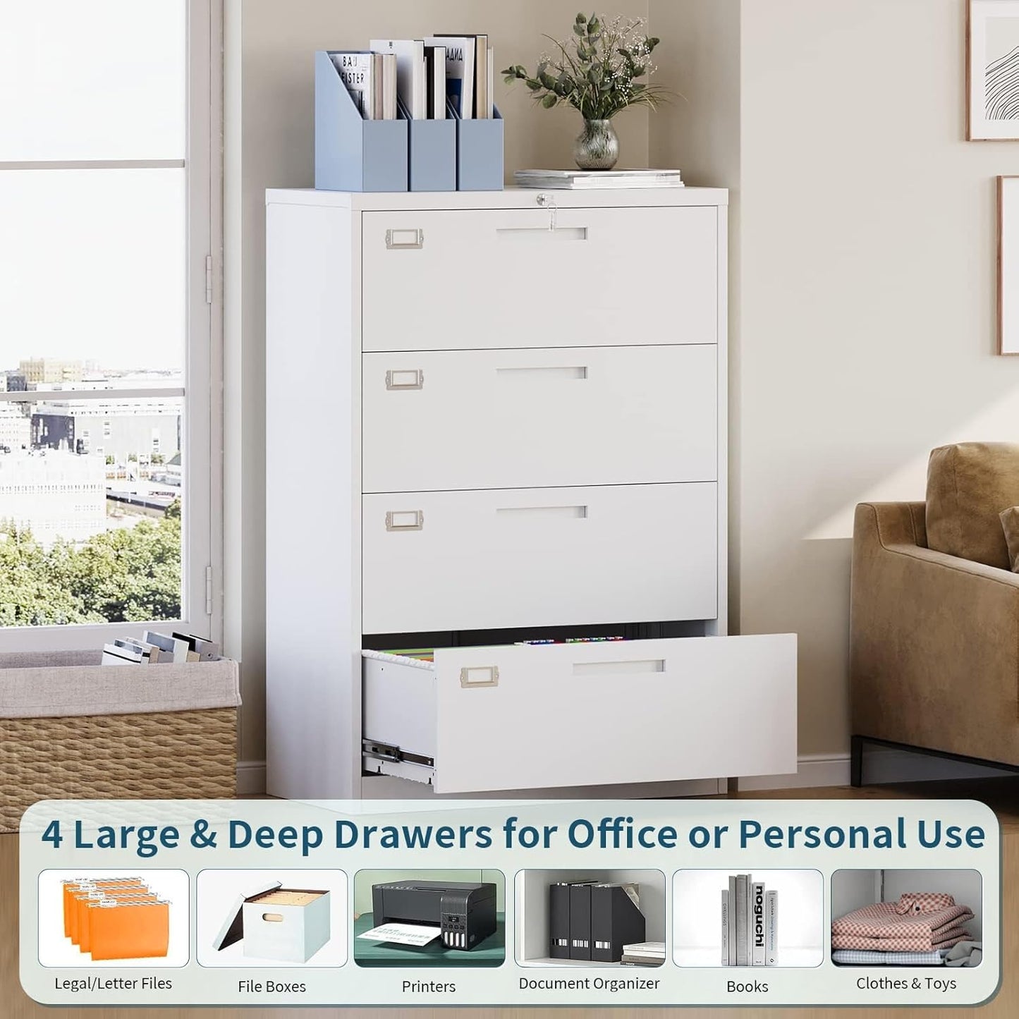 Lateral Filing Cabinet,4 Drawer File Cabinet with Lock,Office Lateral File Cabinets for Legal/Letter A4 Size,Require Assembly, White