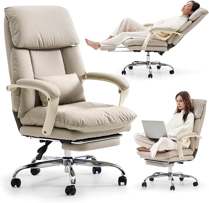 EMIAH Genuine Leather Office Chair with Foot Rest, Reclining Ergonomic Executive Office Chair with Arms, High Back Comfy Swivel Computer Desk Chairs with Wheels and Lumbar Support for Home, Beige